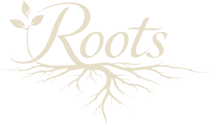 Roots — hand-lettered wordmark with a root system and leaf sprig