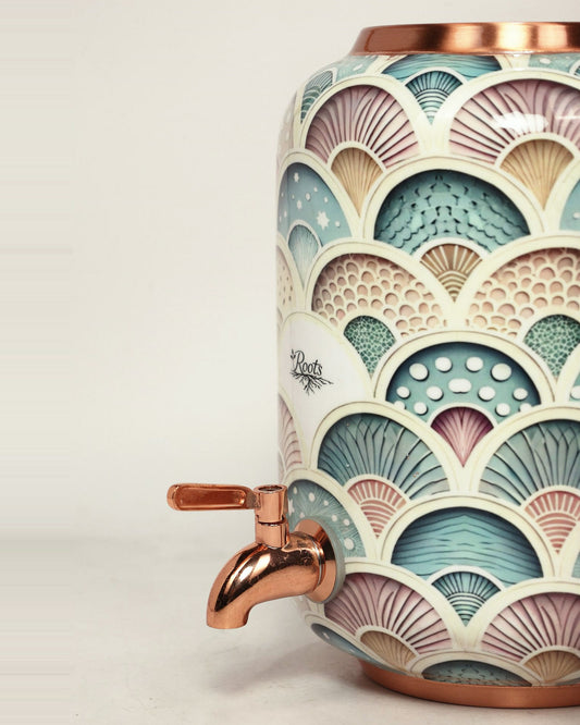 Roots Scallop Print Copper Water Dispenser - tap and lid detail