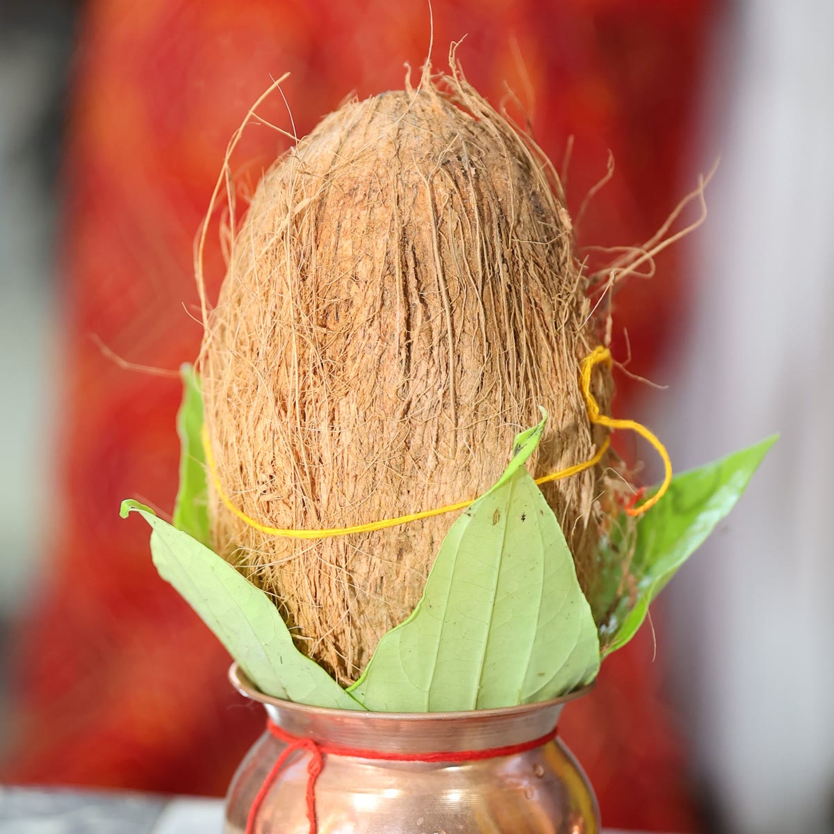 A coconut resting on mango leaves in the mouth of a copper kalash, tied with a red thread